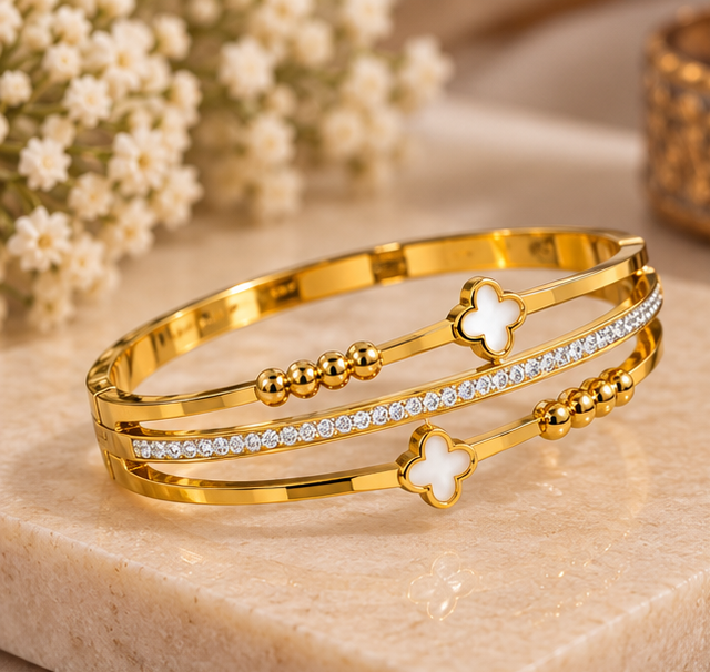 Mother of pearl clover multi-layer cz cuff bangle (2.2 size)