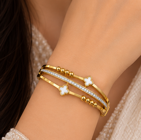 Mother of pearl clover multi-layer cz cuff bangle (2.2 size)
