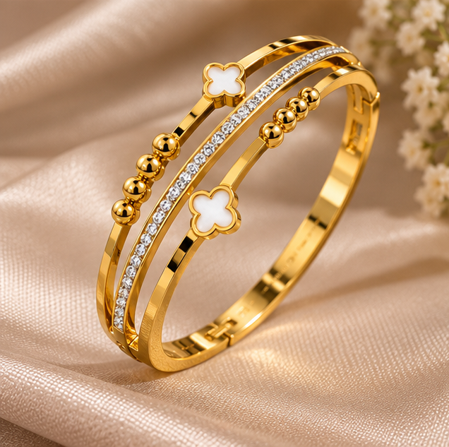 Mother of pearl clover multi-layer cz cuff bangle (2.2 size)
