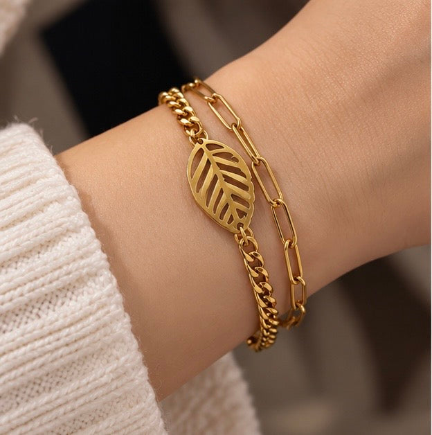 Layered leaf chain statement bracelet