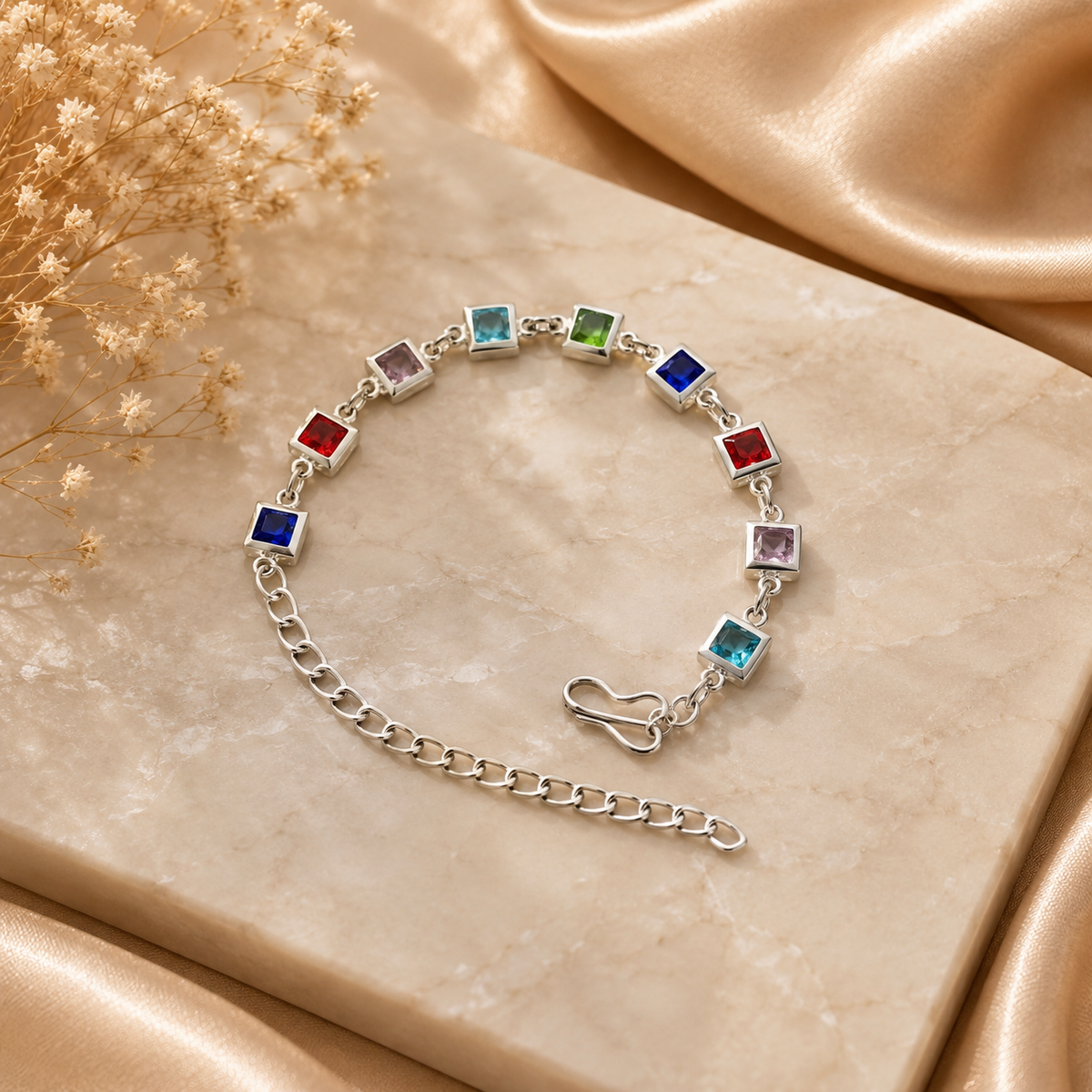 Multicolor square bezel-set crystal silver chain bracelet