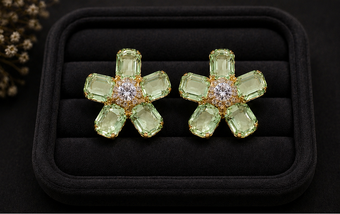Mint green crystal flower stud earrings