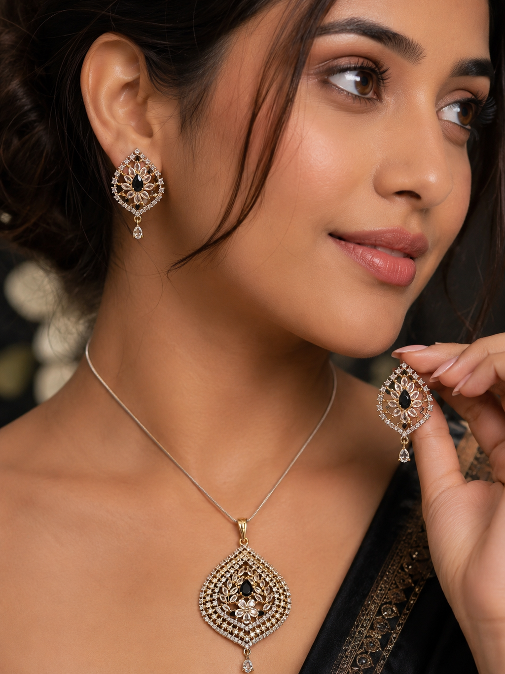Exquisite American Diamond Floral Leaf Pendant Set