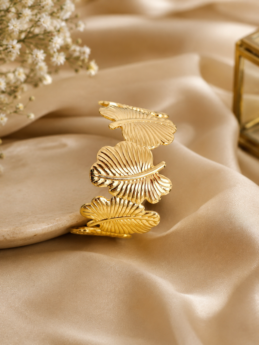 Golden Leaf Design Open Cuff Bracelet