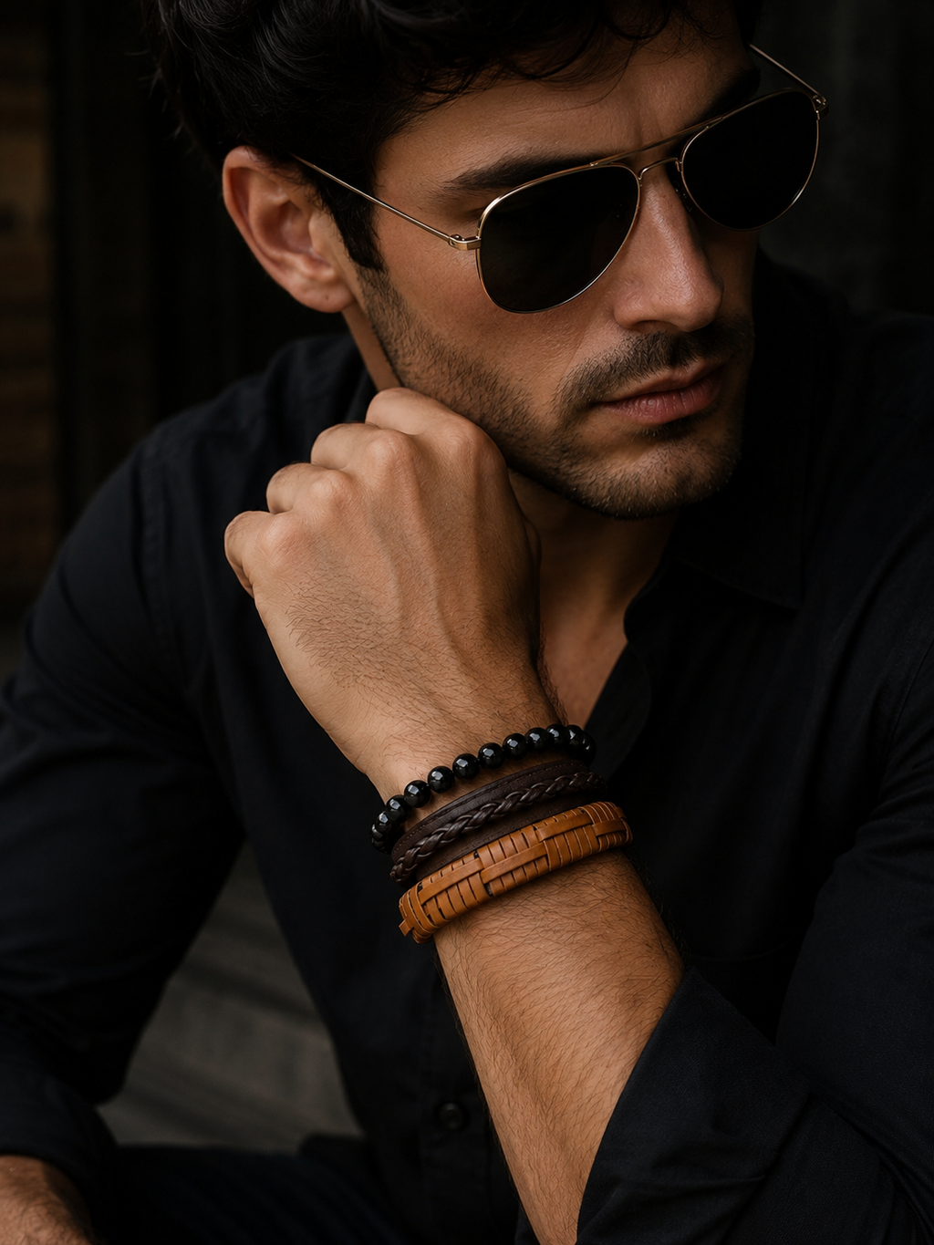 Men's Leather & Onyx Stacked Bracelet Set
