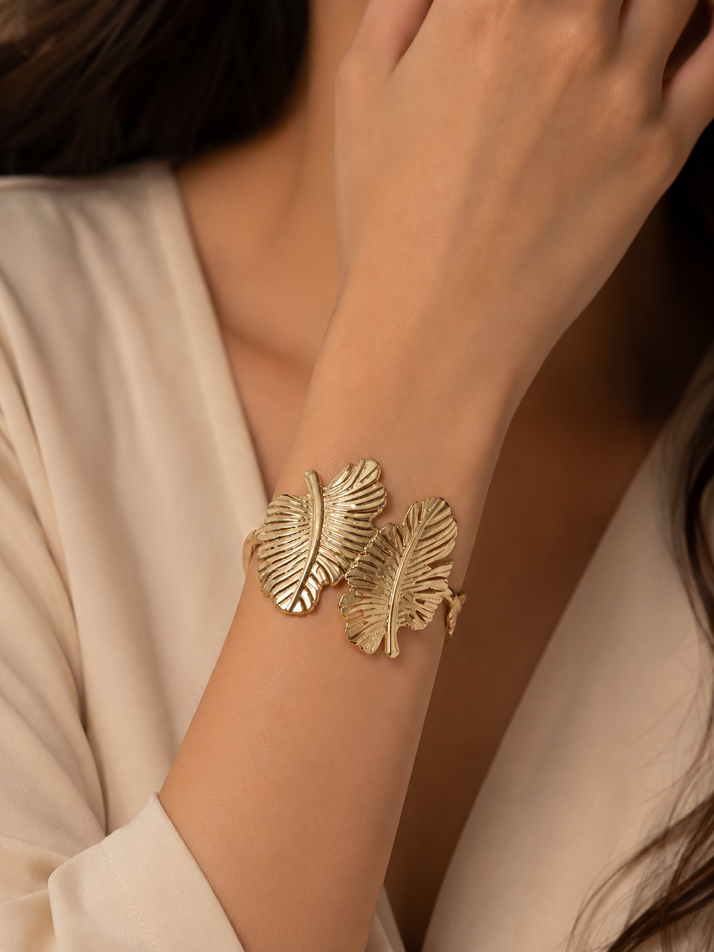 Golden Leaf Design Open Cuff Bracelet