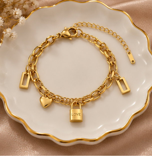 Layered padlock and heart charm bracelet
