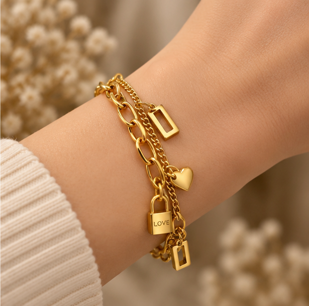 Layered padlock and heart charm bracelet