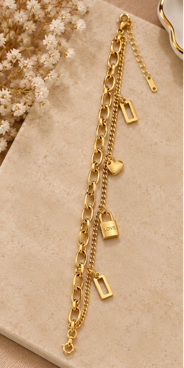 Layered padlock and heart charm bracelet