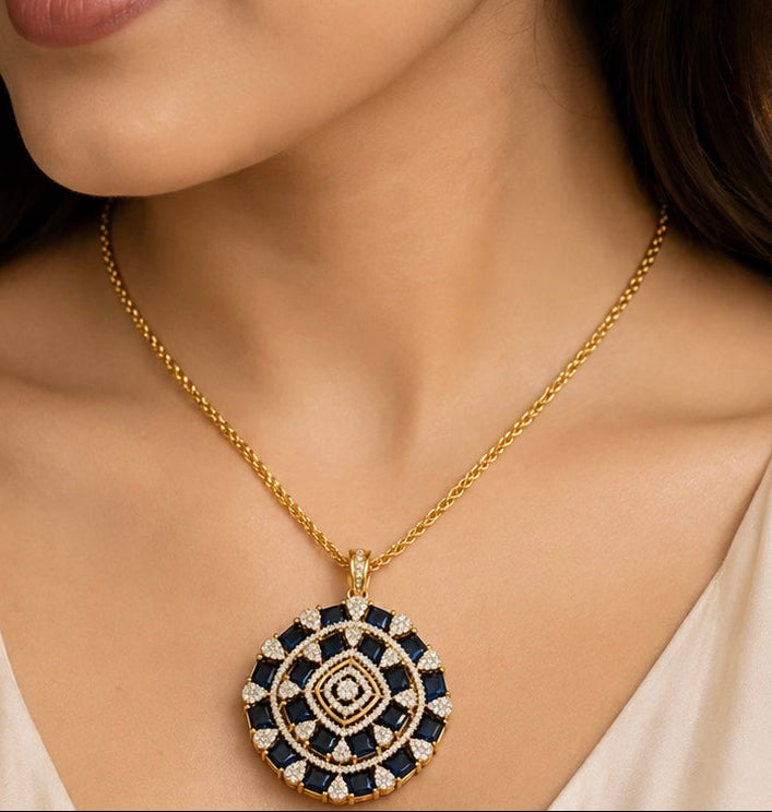 Gold-Plated American Diamond Mandala Pendant Set