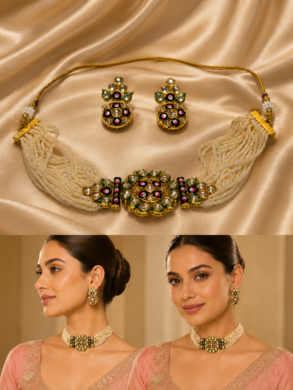 Polki flower shape choker with mini pearl strands