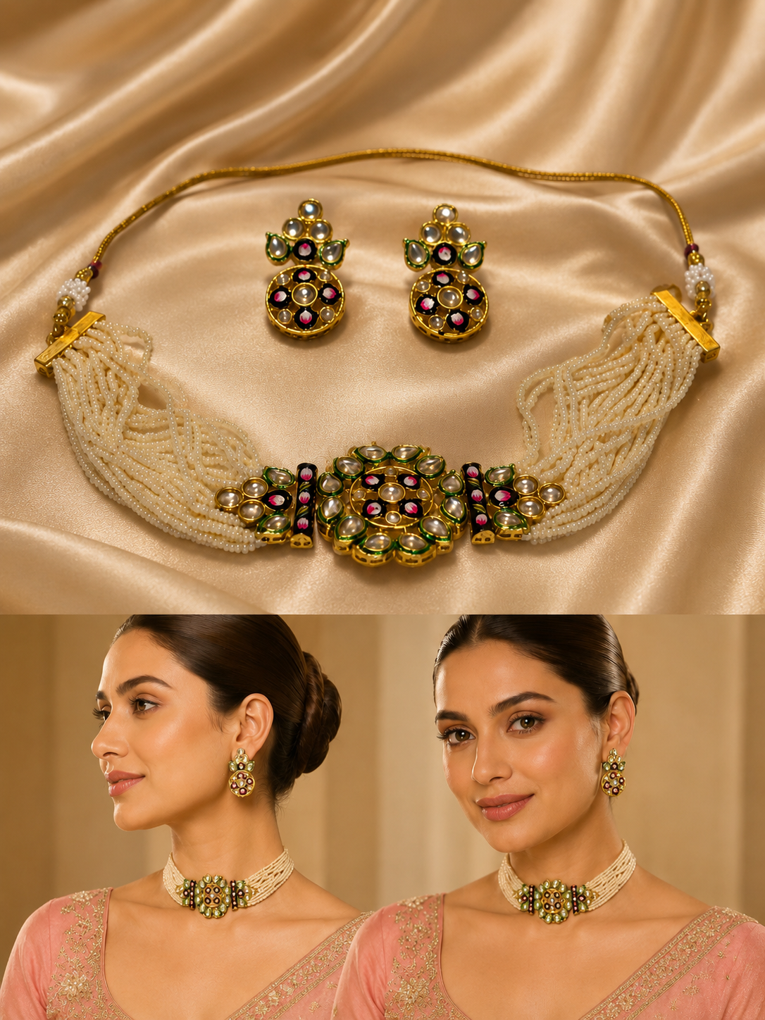 Polki flower shape choker with mini pearl strands