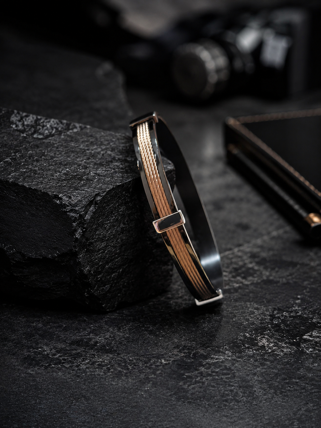 Industrial black and rose gold cable men's bracelet