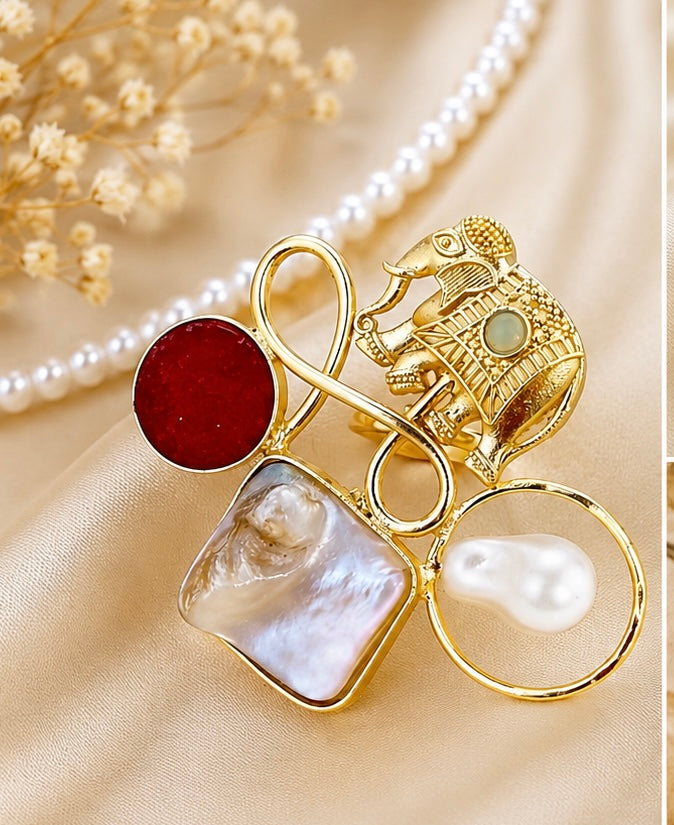 Gold-Plated Baroque Pearl and Mother-of-Pearl Elephant Ring
