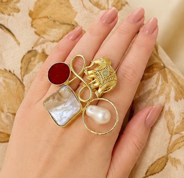 Gold-Plated Baroque Pearl and Mother-of-Pearl Elephant Ring