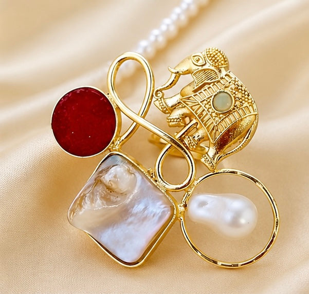 Gold-Plated Baroque Pearl and Mother-of-Pearl Elephant Ring