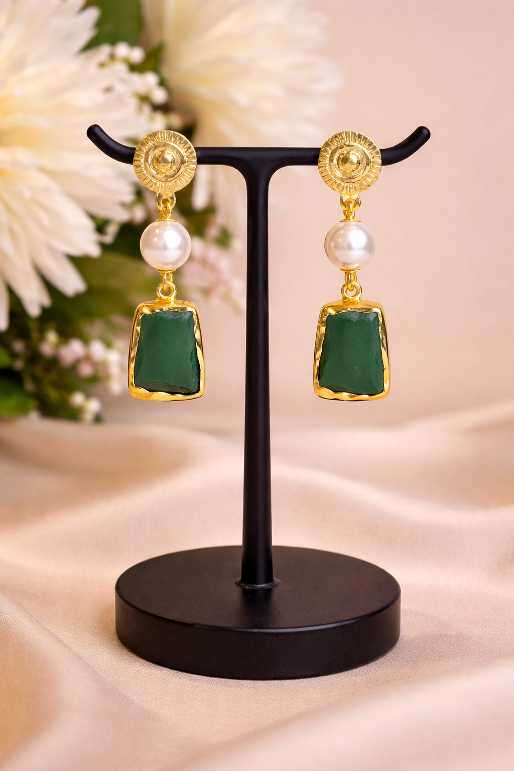 Brass pearl earring with uncut green stone