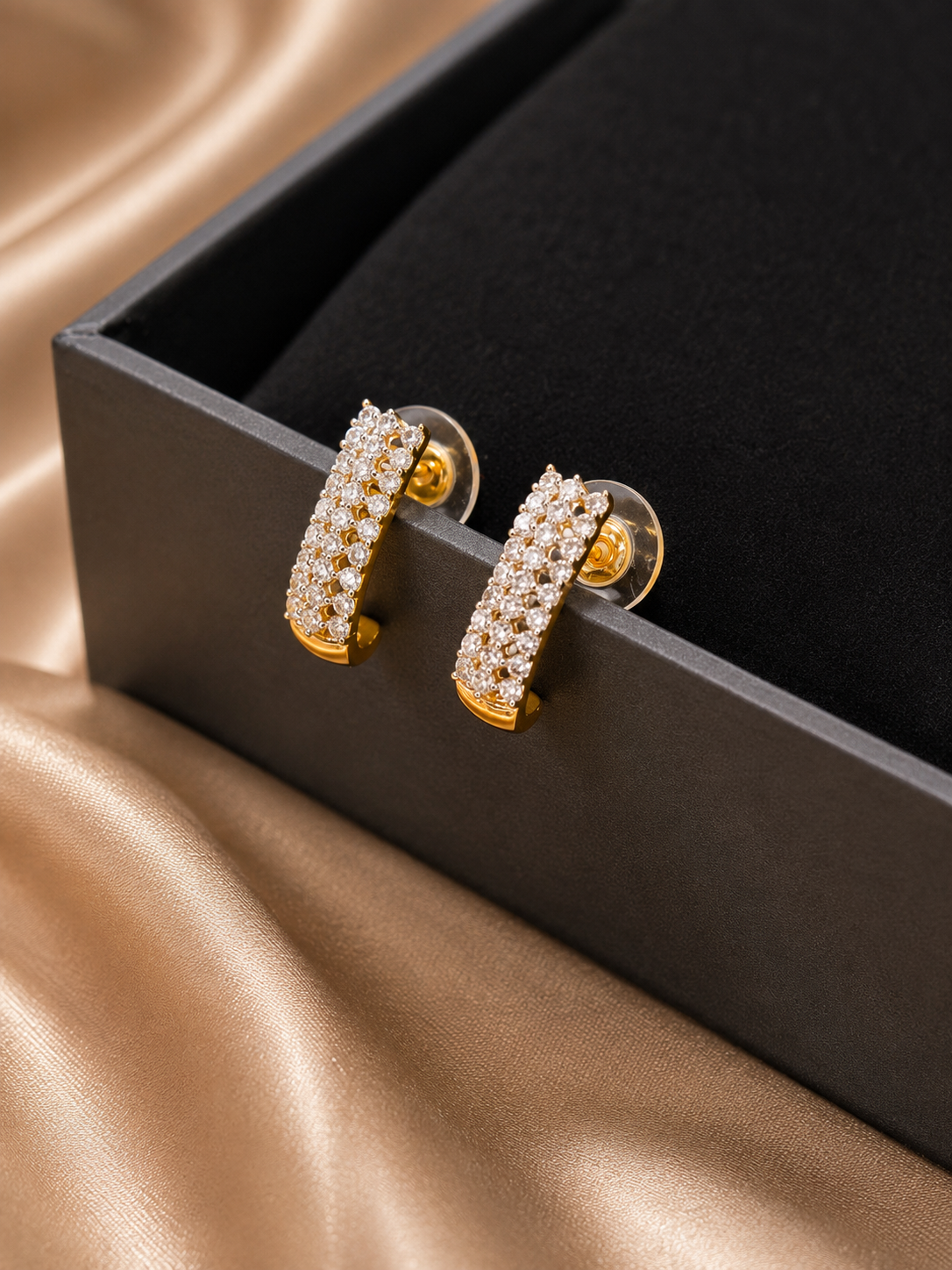 Gold-Tone Triple-Row Zircon Half-Hoop / Bali Earrings