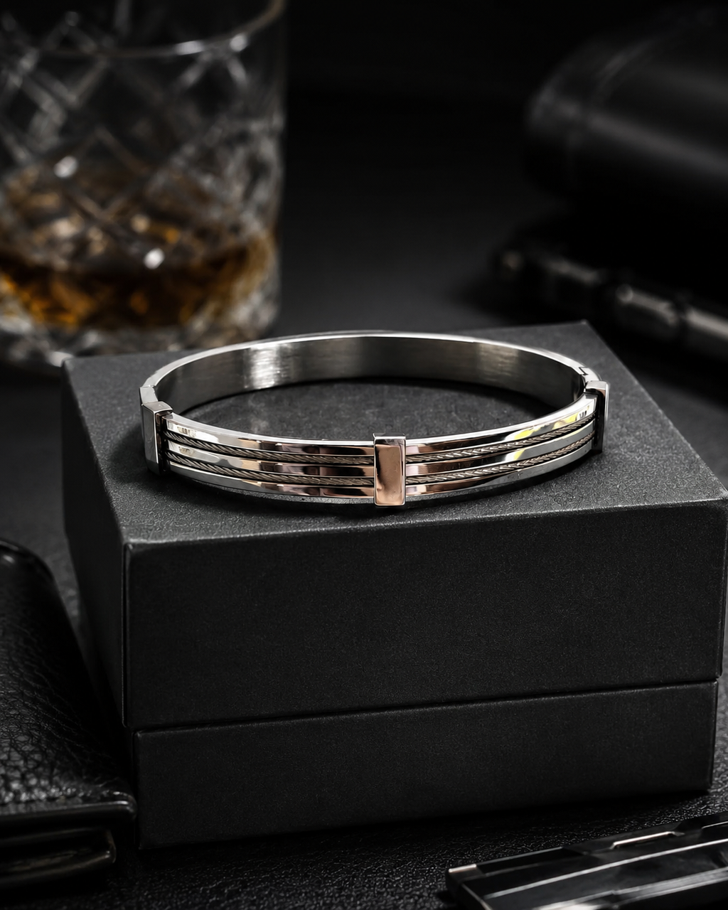 Industrial silver and steel cable men's bracelet