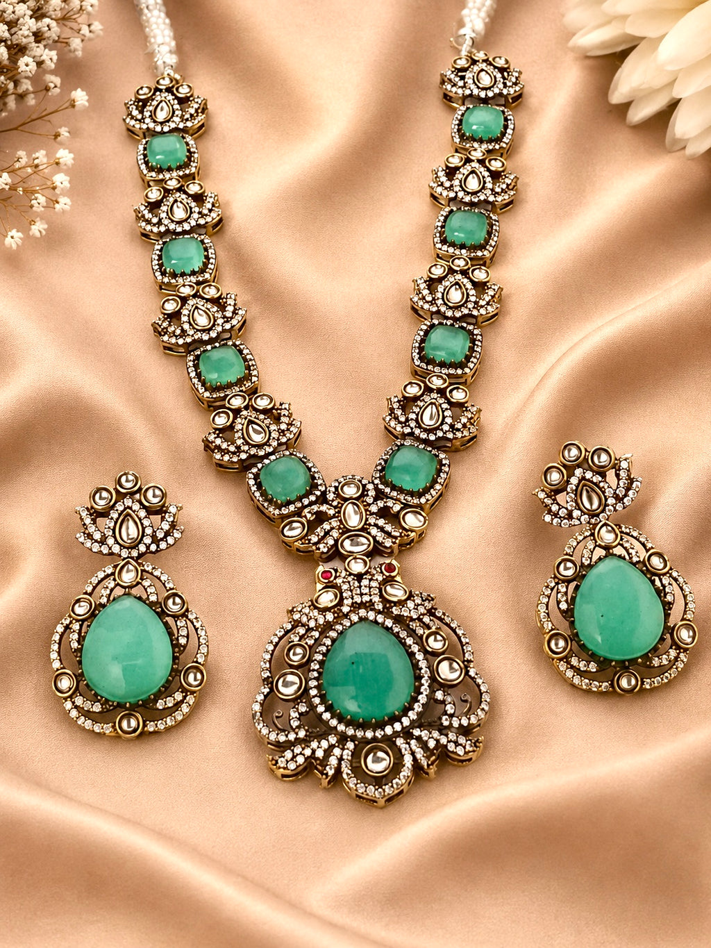 Antique Victorian Polki Kundan Stone Statement Necklace Set