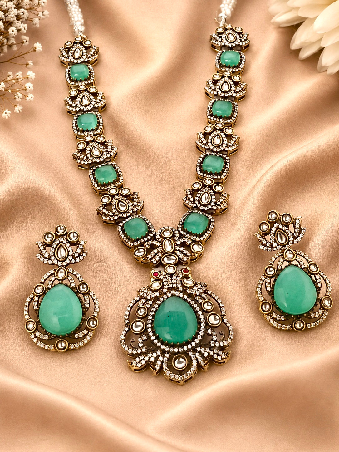 Antique Victorian Polki Kundan Stone Statement Necklace Set
