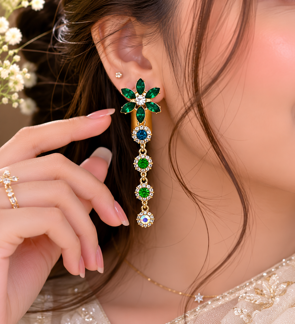 Vintage Floral Crystal Linear Drop Earrings