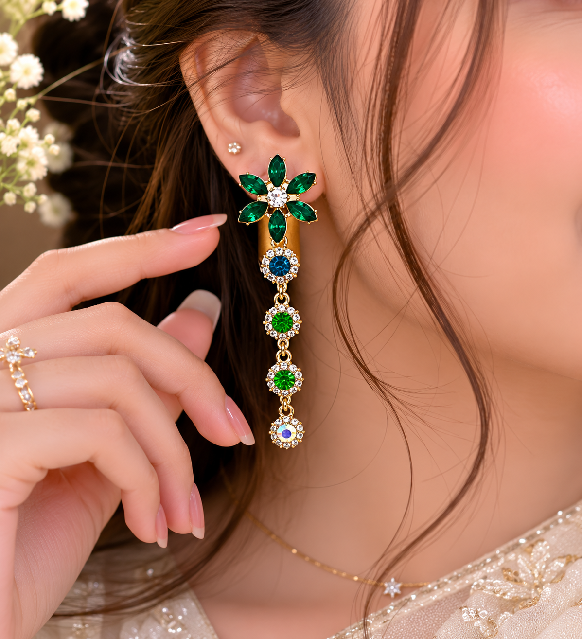 Vintage Floral Crystal Linear Drop Earrings