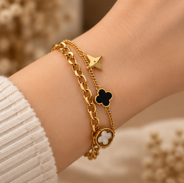 Layered clover station charm bracelet