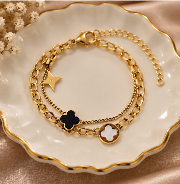 Layered clover station charm bracelet
