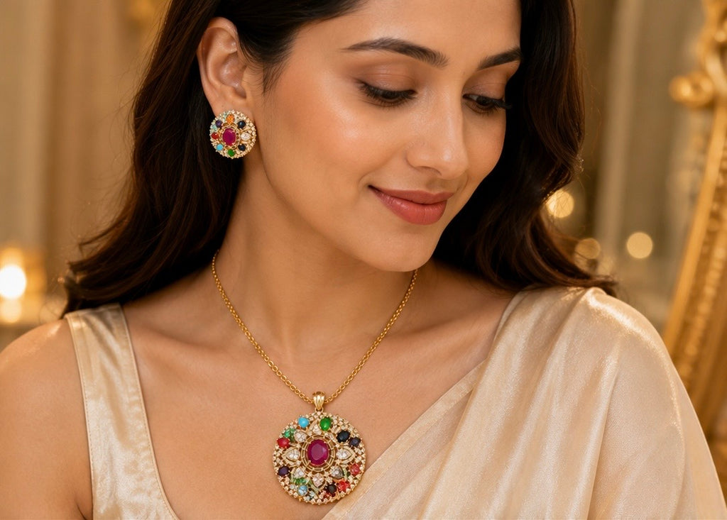 Gold-Plated Navratna-Inspired Floral Pendant Set