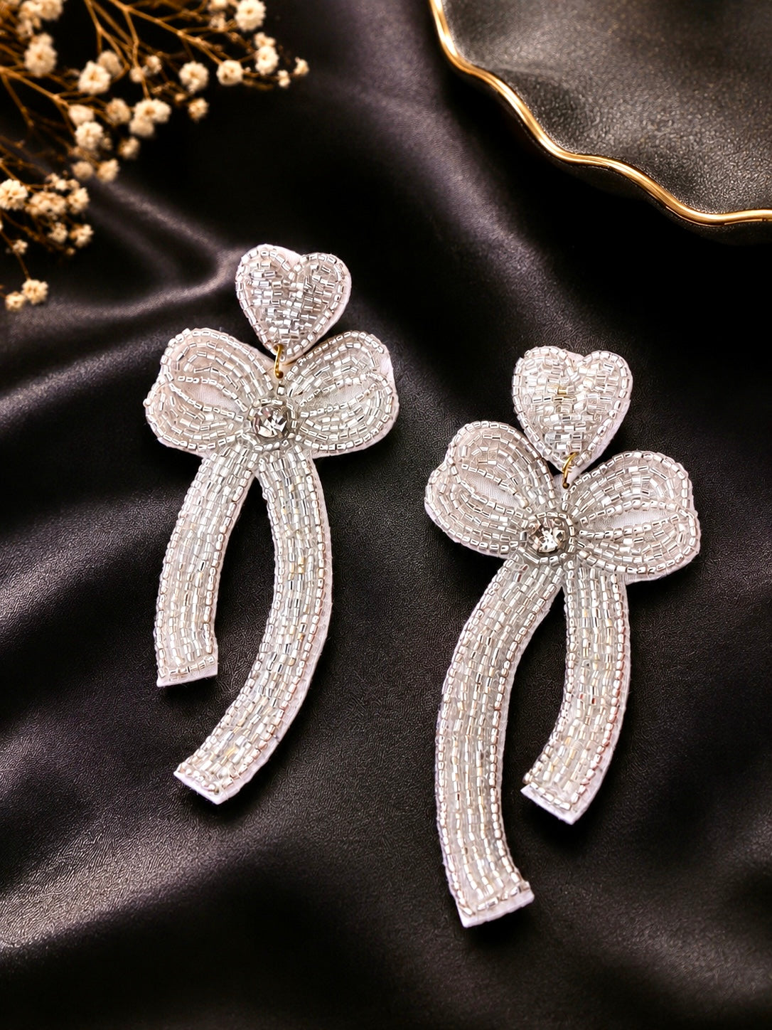 Handcrafted Beaded Bow Statement Dangle Earrings