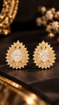 Gold Plated Pear-Cut Baguette Ballerina Halo Stud Earrings