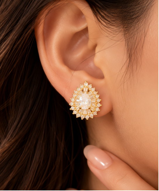 Gold Plated Pear-Cut Baguette Ballerina Halo Stud Earrings