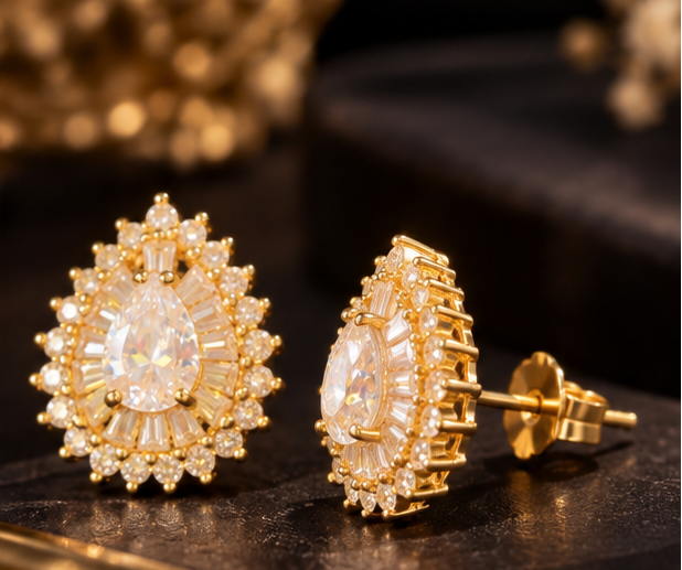 Gold Plated Pear-Cut Baguette Ballerina Halo Stud Earrings