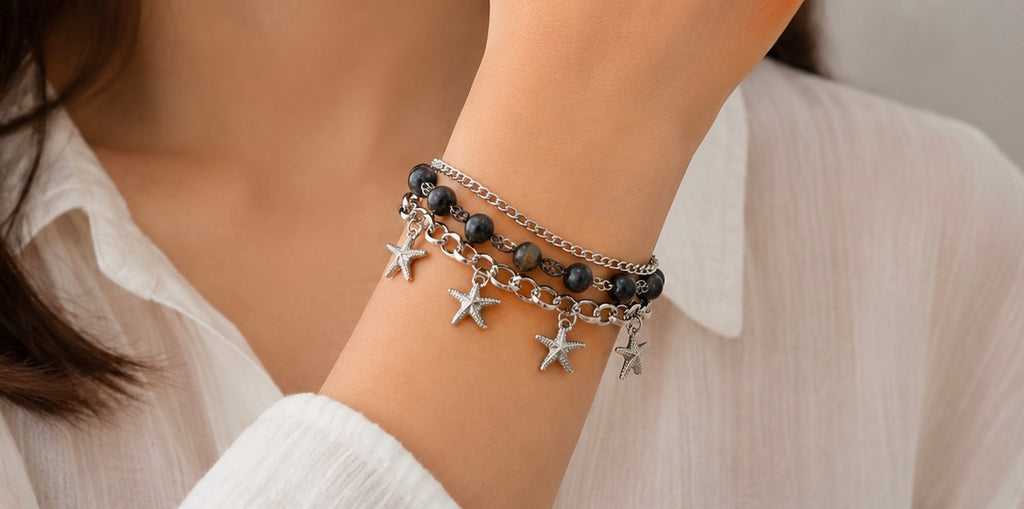 Oxidized silver-tone starfish charms