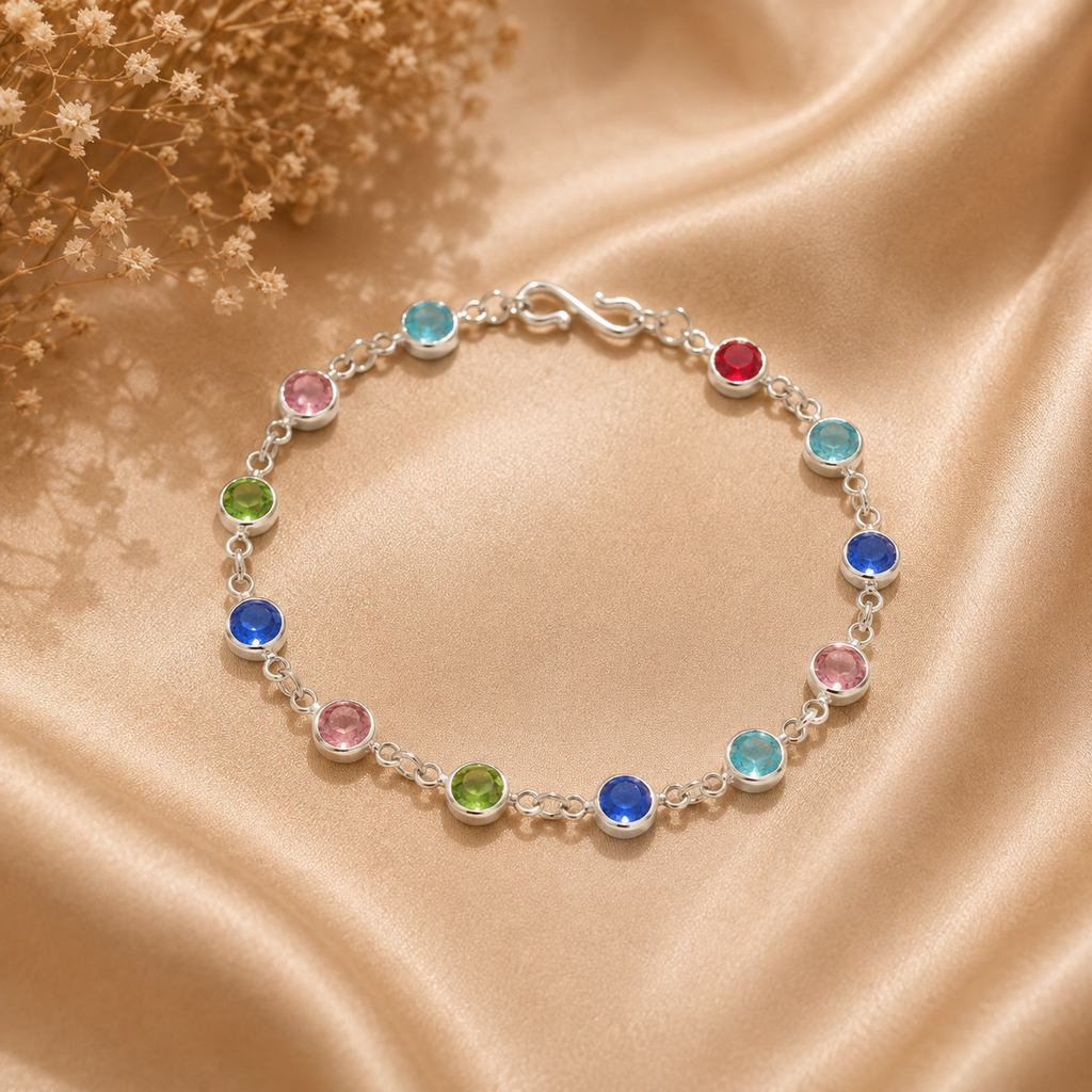 Multicolor bezel-set crystal chain bracelet (silver)