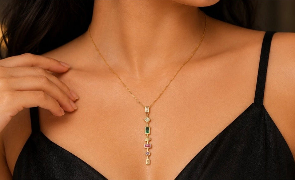 Gold-plated multi-stone geometric lariat necklace