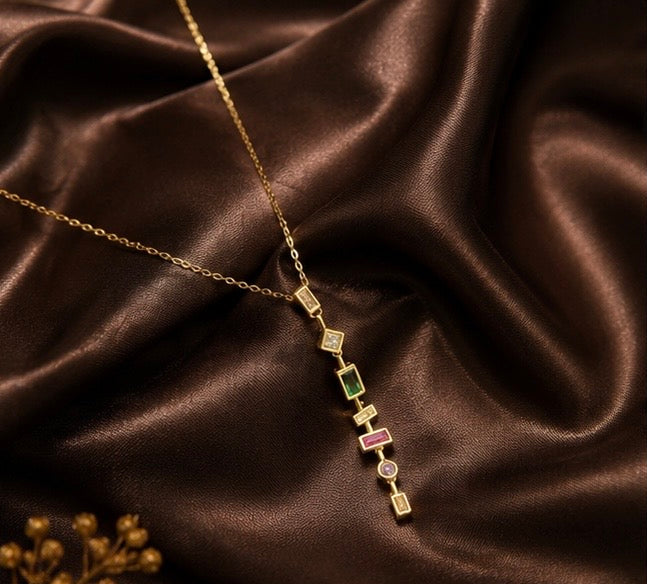 Gold-plated multi-stone geometric lariat necklace