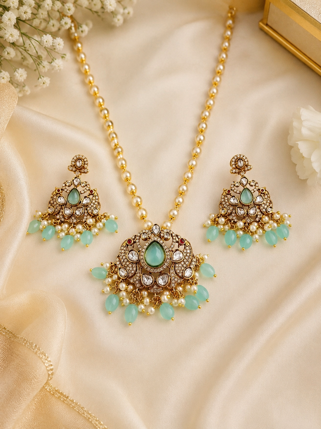 Antique Gold-Plated Kundan Pendant Set