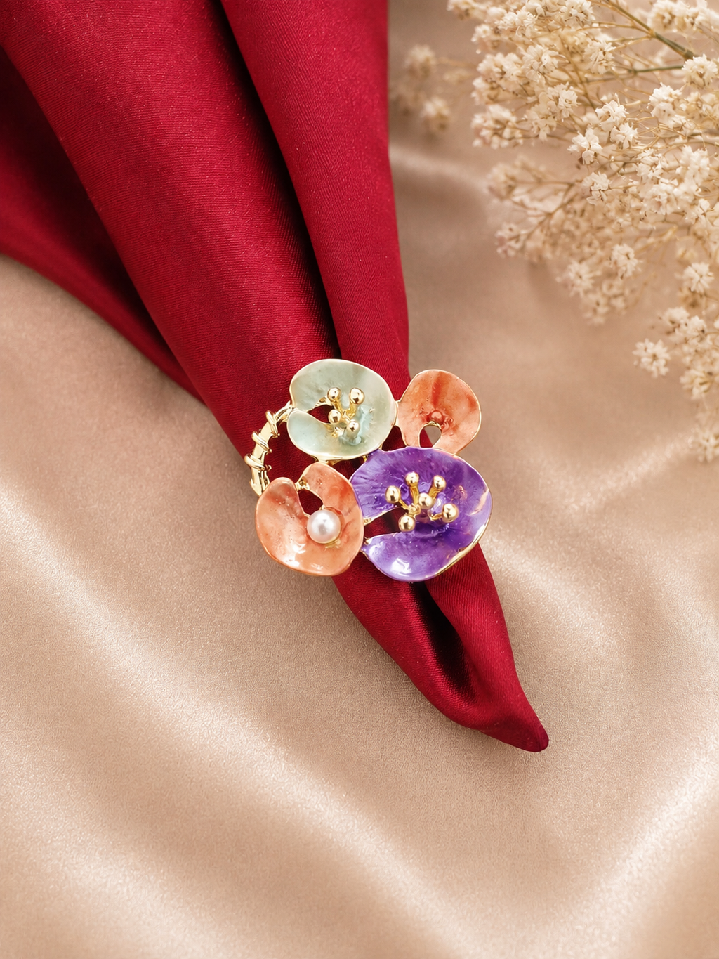 French-vintage style gold enamel wildflower cluster statement ring