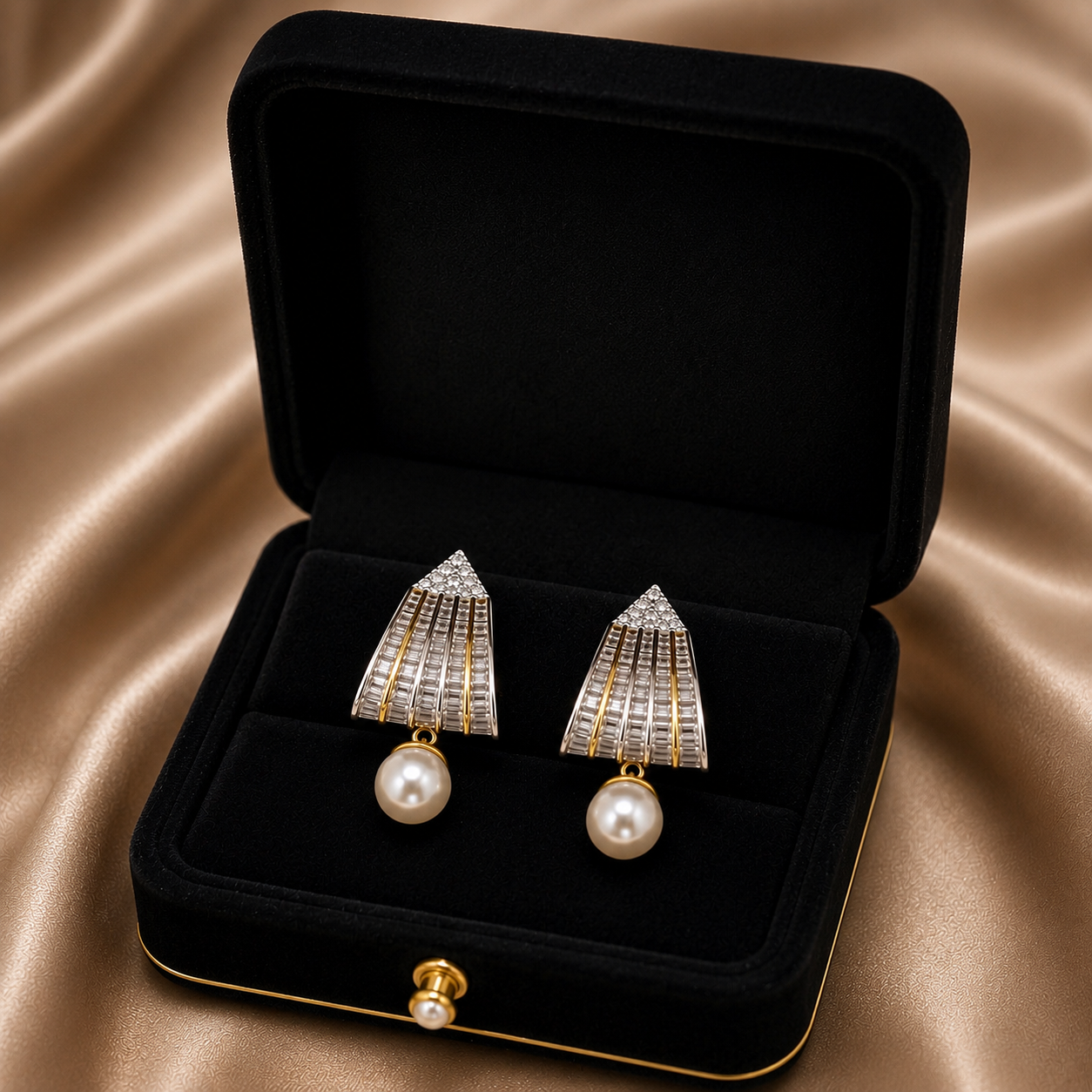 Dual-Tone American Diamond Fan Pearl Drop Earring