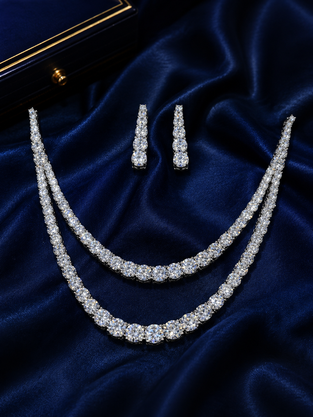 Double-Layer Silver-Plated American Diamond Big Solitaire Tennis Necklace Set