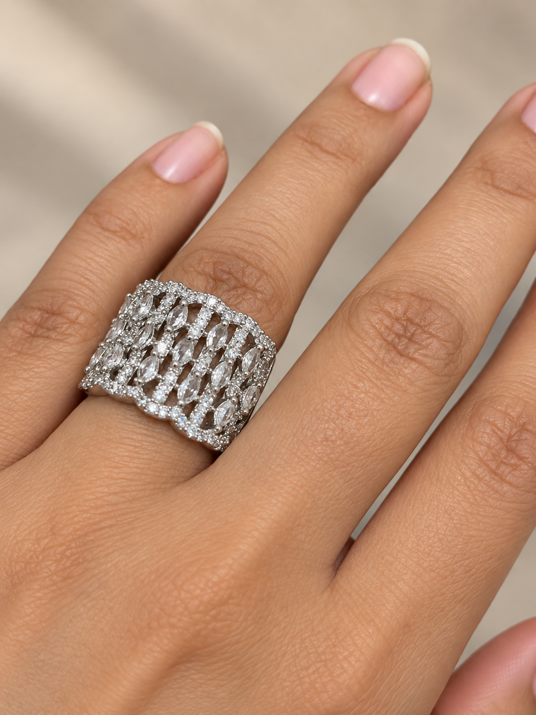 Wide multi-row lattice cocktail ring