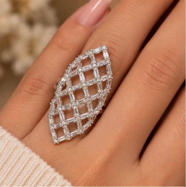 Elongated openwork shield cocktail ring