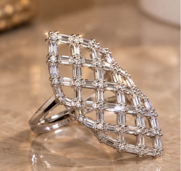 Elongated openwork shield cocktail ring