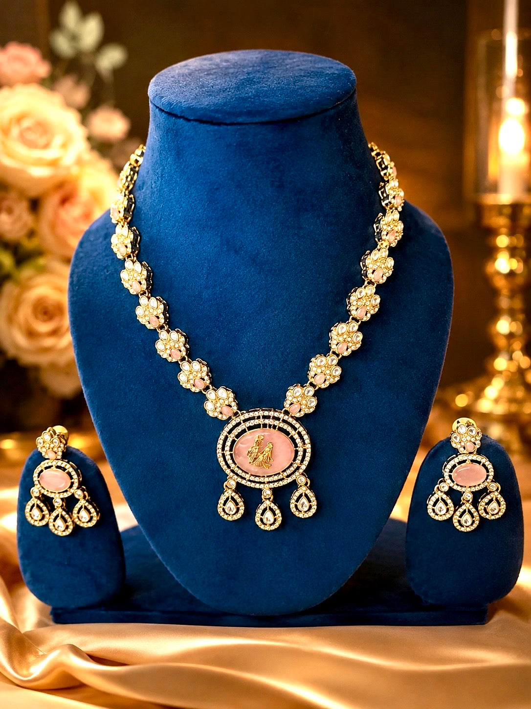 Antique gold-plated Kundan and pastel pink stone necklace set