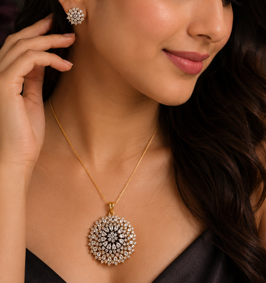 Gold-Plated Sunburst American Diamond Pendant Set
