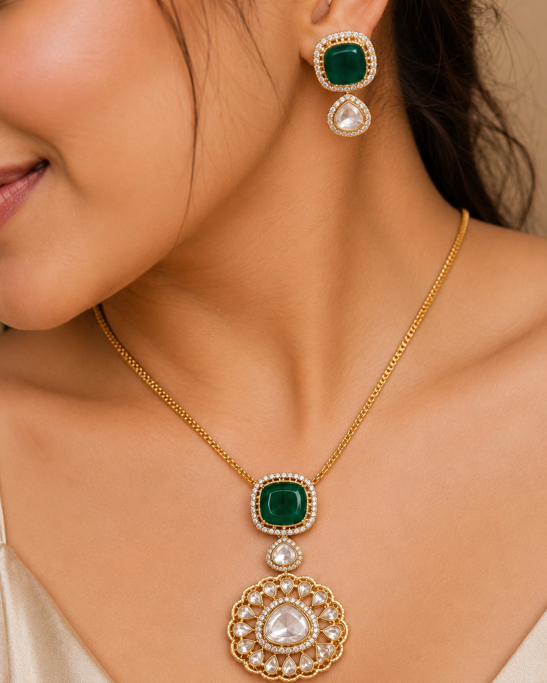 Imperial Emerald & Polki Kundan Statement Pendant Set