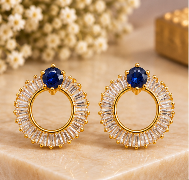Sapphire blue accent baguette halo open-circle stud earrings