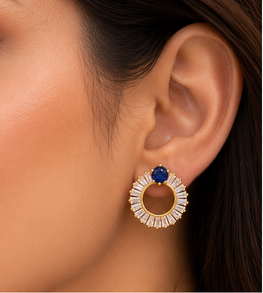 Sapphire blue accent baguette halo open-circle stud earrings